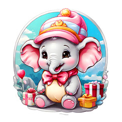 Sticker isolated cute cartoon elephant wearing a pink hat,  bow tie with gift boxes. Transparent background. Generative AI
