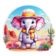 Sticker isolated cute cartoon elephant wearing a indian hat, scarf on desert background. Transparent background. Generative AI