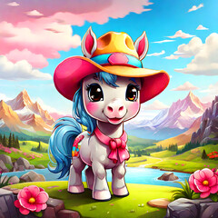 Cute cartoon horse wearing a pink hat on nature background. Generative AI