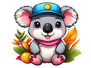 Sticker isolated cute cartoon koala wearing a blue hat, scarf on nature background. Transparent background. Generative AI
