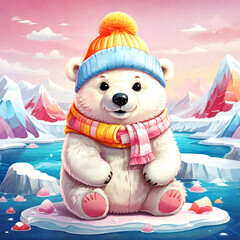 Cute polar bear wearing a yellow blue hat, scarf on arctic nature background.   Generative AI