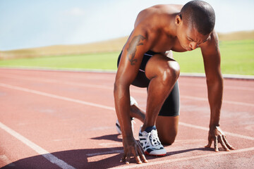 Man, athlete and ready for run on track with practice, training or workout for race. Black person,...