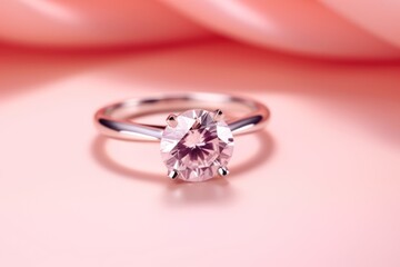  a close up of a ring with a pink stone in the middle of the ring, on a pink and white background with a pink satin material in the foreground.
