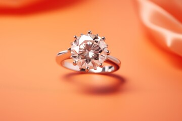  a close up of a ring with a diamond in the middle of the ring on an orange surface with a white flower in the middle of the ring and a pink flower in the middle.
