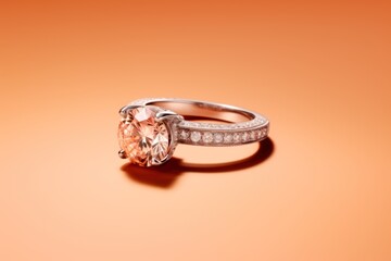  a close up of a ring with a peach colored stone in the center and a diamond in the middle of the band, on an orange background of an orange background.