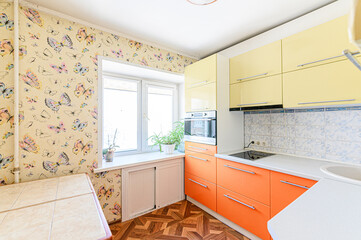 interior apartment kitchen and dining room, refectory area, cooking equipment, table furniture, stove