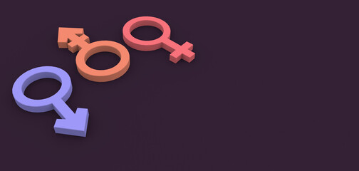  The symbols are colored male,androgynous and female on a purple background 3 d render