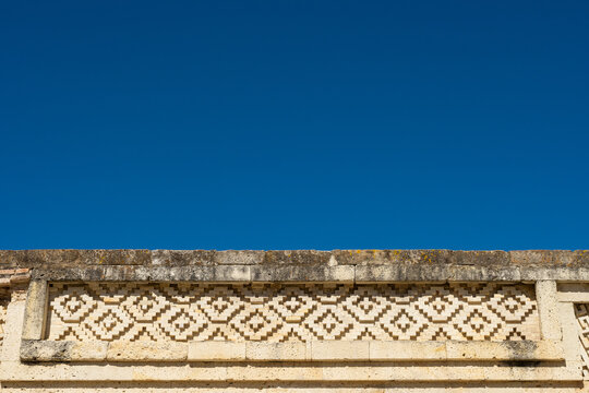 Ancestral architecture of the pre-Columbian city of Mitla in the state of Oaxaca. Aesthetic architecture of Mitla in Oaxaca. Travel and vacation concept