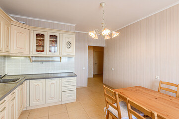 interior apartment kitchen and dining room, refectory area, cooking equipment, table furniture, stove