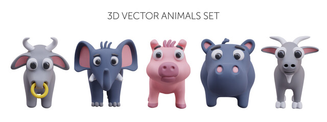 3d vector animals set with bull with ring in nose, blue elephant and hippopotamus, pink pig, and gray goat. Vector illustration in 3D style on gray background with place for text