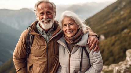 Senior couples bonding while hiking in the mountains.