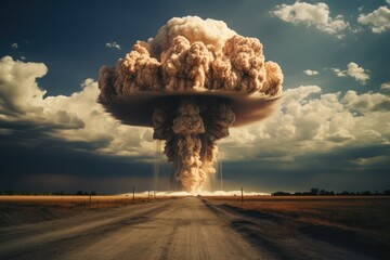  a very large cloud of smoke coming out of the top of a large cloud of smoke on a dirt road in the middle of the middle of an open field.