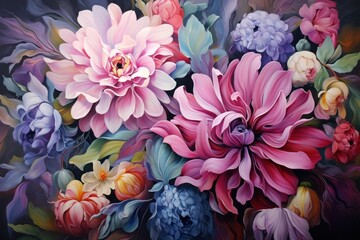  a painting of a bunch of flowers painted on a black background with a white and yellow flower in the middle of the picture and a blue and pink flower in the middle of the middle. - obrazy, fototapety, plakaty