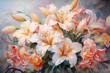  a painting of a bouquet of flowers in pastel pinks and oranges on a blue, gray, and white background, with leaves and flowers in the foreground.