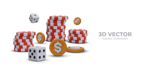 Poster with place for text, collection of round chips, game cubes, and coins. Cash prize, jackpot in web casino. Vector illustration in 3D style with white background