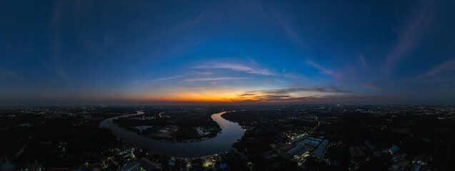 panorama high angle view, rural scene, Tha Chin River with blue sky at Twilight,