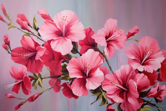  a painting of a bunch of pink flowers on a purple, blue, and pink background with a green stem in the middle of the center of the painting is a pink flower.