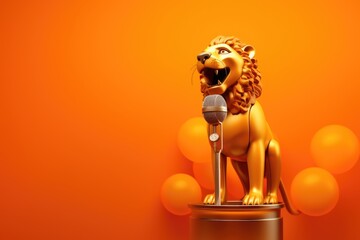 golden lion, the king of the jungle, roaring into a microphone on a vibrant orange stage