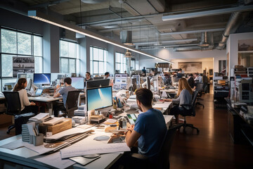 Wide Angle View Of Busy Design Office With Workers At Desks
