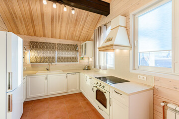 interior apartment kitchen and dining room, refectory area, cooking equipment, table furniture, stove