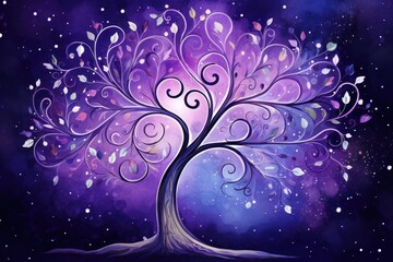  a painting of a purple tree with swirls and leaves on a dark blue and purple background with white swirls on the branches and the top of the tree.