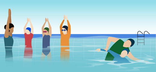 swimming coach teaching swimmers in a swimming pool vector illustration, man swimmer practice with trainer