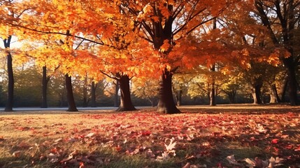 Beautiful yellow red and orange leaves in an autumn park on a br