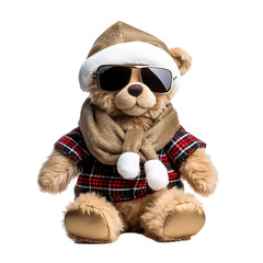 photo of a cool teddy bear wearing sunglasses and hat dressed for the upcoming christmas theme isolated on white background PNG