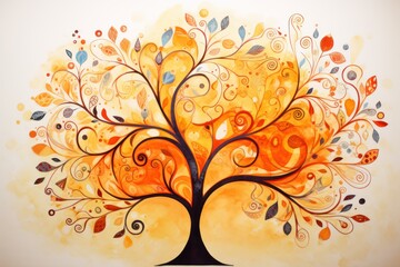  a painting of a tree with orange, yellow, and blue leaves and swirls on it's leaves are splayed on the tree's branches.