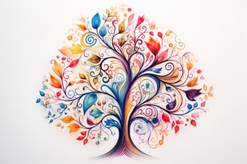  a watercolor painting of a tree with colorful leaves and swirls on it's leaves are multicolored in the shape of a tree, on a white background.