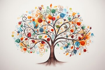  a painting of a colorful tree with swirls and circles on the tree's trunk and leaves on the tree's trunk, on a light background is a white wall.