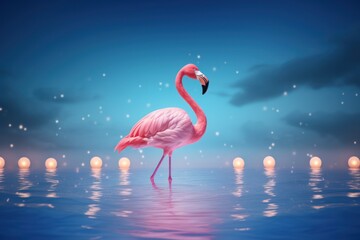  a pink flamingo standing in the middle of a body of water with lanterns floating in the water behind it and a blue sky with white stars and white clouds.