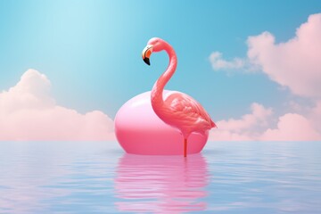  a pink flamingo sitting on top of a pink ball in the middle of a body of water with a blue sky and clouds in the back ground behind it.