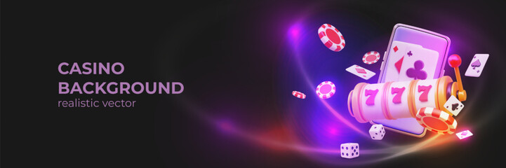 Advertising online casino on black background with neon effect. Concept of nightclub with gambling. Slot machine with three sevens, chips, cards, dice, smartphone. Phone game application