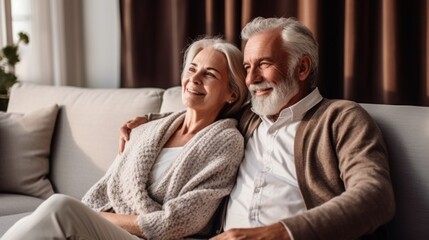Elderly couple enjoying relaxation on a bright sofa at home.