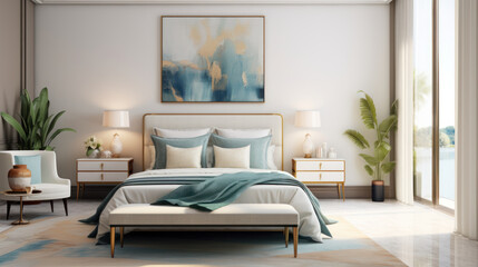 gold and white bedroom with a bed and lamp, light blue and light indigo