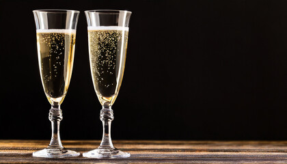 Two champagne glasses on a black background - obrazy, fototapety, plakaty