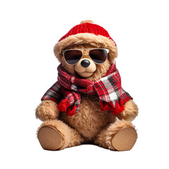 photo of a cool teddy bear wearing sunglasses and hat dressed for the upcoming christmas theme isolated on white background PNG