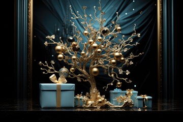 lustrous golden tree with intricate branches, adorned with gold and blue ornaments, beside elegant gift boxes