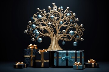 artistic golden tree with blue and silver baubles, set against a dark backdrop with elegant presents