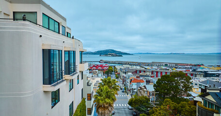 San Francisco street leading to Alcatraz Island aerial view of the bay, CA