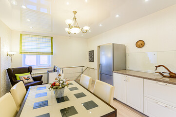 interior apartment kitchen and dining room, refectory area, cooking equipment, table furniture, stove