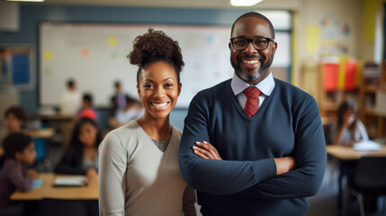 American black young teacher arms crossed in the classroom with student
