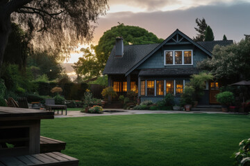 a cottage with a big backyard and grass lawn - obrazy, fototapety, plakaty