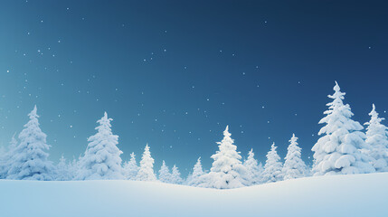 Fototapeta na wymiar Fond d'écran de sapin enneigé, avec flocon de neige, ciel bleu, magie de Noël, décors shooting, idéal pour incrustation et mockup, paysage vide pour montage photo