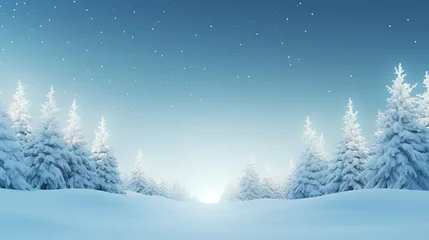 Foto op Plexiglas Aquablauw Fond d'écran de sapin enneigé, avec flocon de neige, ciel bleu, magie de Noël, décors shooting, idéal pour incrustation et mockup, paysage vide pour montage photo