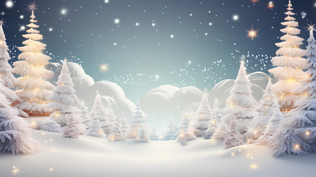 Fond d'&eacute;cran de sapin enneig&eacute;, avec flocon de neige, ciel bleu, magie de No&euml;l, d&eacute;cors shooting, id&eacute;al pour incrustation et mockup, paysage vide pour montage photo