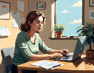 締切に追われながらカジュアルな服装でデスクワークをする女性  A woman working at a desk in casual clothing while on deadline
