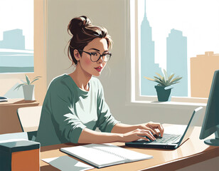 オフィスでノートパソコンを使って仕事中のメガネの女性  Woman with glasses at work in an office using a laptop computer - obrazy, fototapety, plakaty