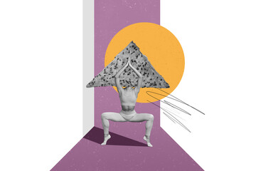 Composite collage picture of black white colors girl meditate balancing bakery instead head...